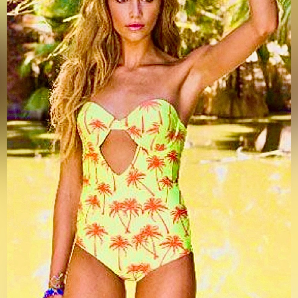 NWT! TAVIK pamela citrus palm Print One-Piece Bandeau Swimsuit XS Padded Bra